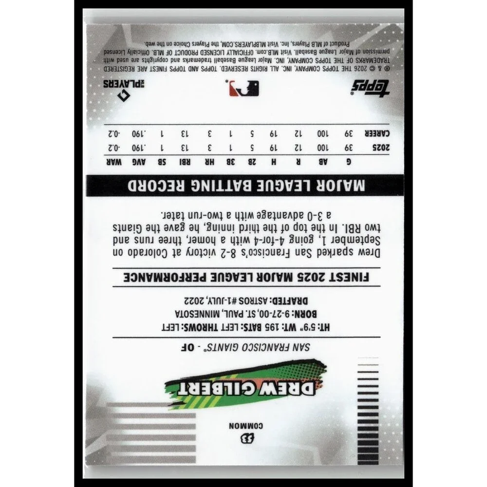 2026 Finest Drew Gilbert Common Base Rookie RC Giants